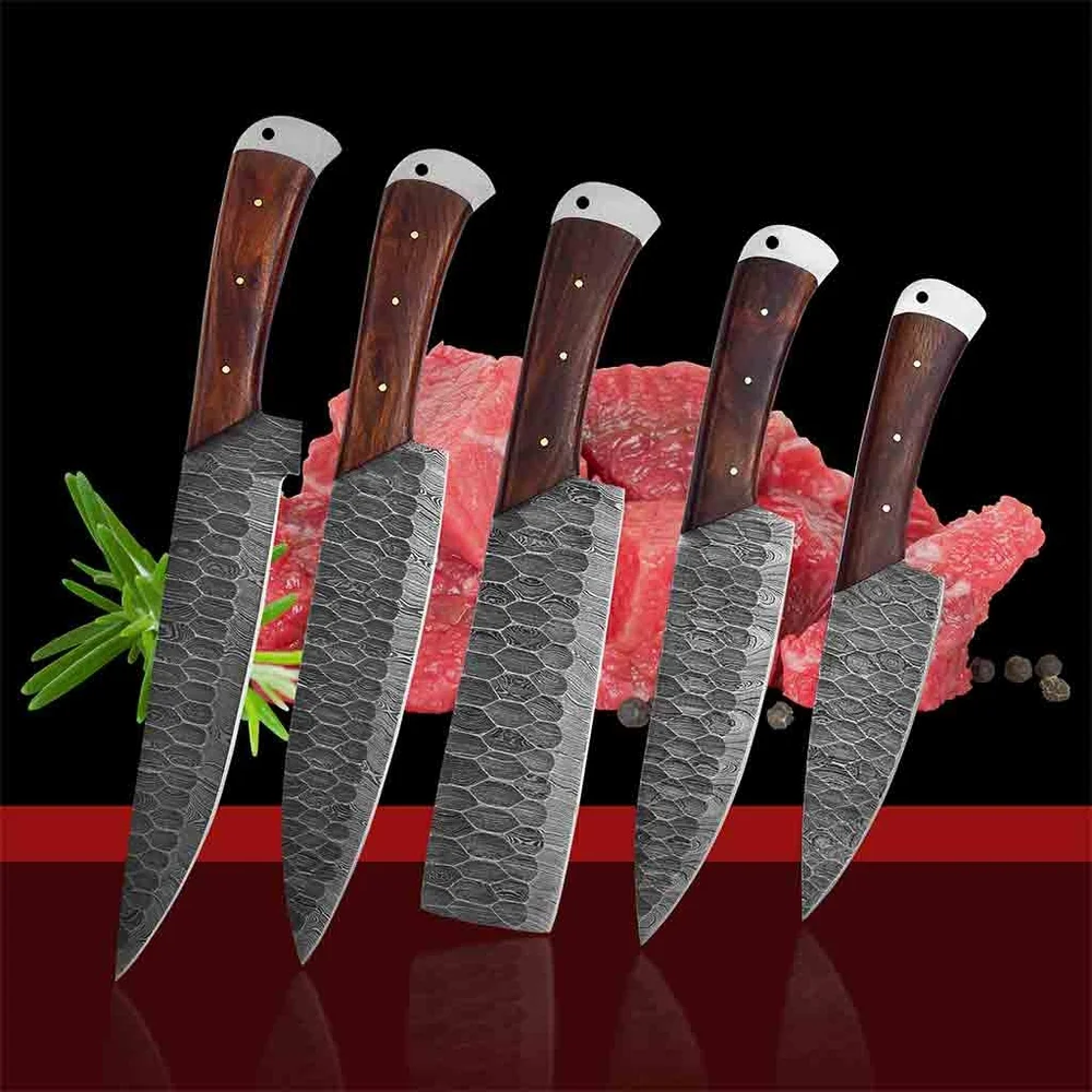 Damascus Steel Kitchen Knives Set Handmade knife with Rose Wood Handle NEW